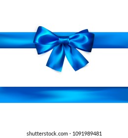 Blue bow with ribbon isolated on white background. Realistic silk bow. Decoration for gifts and packing blue bow. Vector illustration