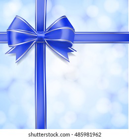 blue bow ribbon on abstract light blurry background. greeting design vector template