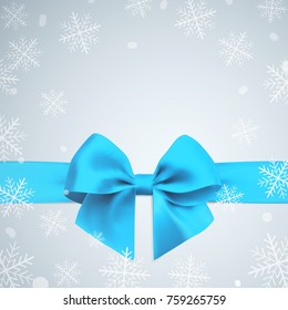 Blue Bow and Ribbon in winter background with snowflake. Vector illustration for christmas and new year design.
