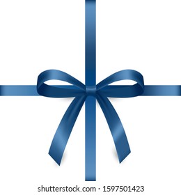 Blue bow and satin ribbon. Isolated realistic design element, decoration of a festive surprise, gift card, holiday present, discounts and special offers.