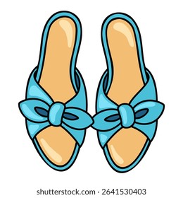 Blue bow slippers. Slip-on summer sandals with bows. Elegant open toe flat mules. Casual cartoon style beach shoes 
