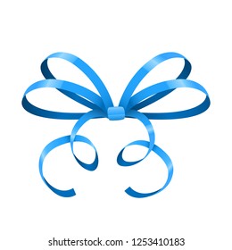 Blue bow. Thin tied ribbon. Vector 3d illustration isolated on white background