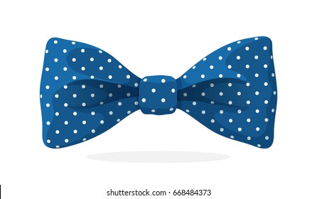 Blue bow tie with print a polka dots. Vector illustration in cartoon style. Vintage elegant bowtie. Men's clothing accessories.