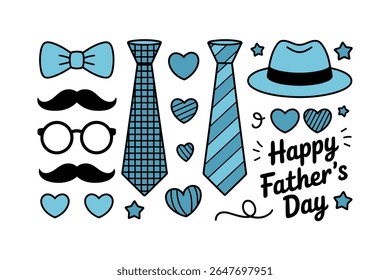 Azul laço laço laços corações bigode óculos chapéu estrelas feliz pais dia vetor