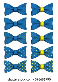 Blue bow tie with yellow dots set realistic vector illustration isolated on white background