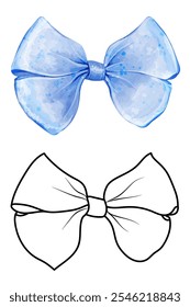 Blue bow. Vector watercolor illustration of ribbon tied in bow