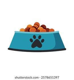 Blue bowl for animal food. Dog bowl with dry food. Vector illustration on a white background.