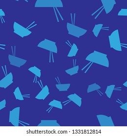 Blue Bowl with asian food and pair of chopsticks silhouette icon isolated seamless pattern on blue background. Concept of prepare, eastern diet. Vector Illustration