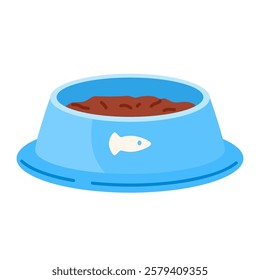 Blue bowl with cat wet food. Pet feed. Healthy feline nutrition. Vector illustration in cartoon style. Isolated white background
