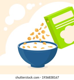 Blue bowl of cereal and milk, bright box of cereal. Concept of healthy and fast breakfast. Baby food. Cartoon style. Soft background, cozy colors. Flat vector illustration