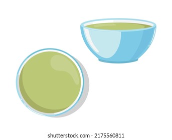 Blue bowl, cup or plate with green cream soup, top and side view, vector illustration isolated on white background