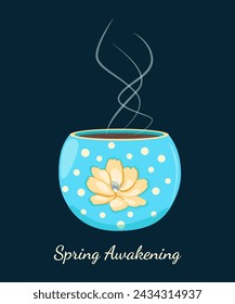 Blue bowl with hot drink. The round cup is decorated with beautiful flower and yellow peas. Vector drawing of a mug for tea drinking on a dark background