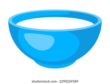 Blue bowl with milk. Illustration of dairy product for breakfast.