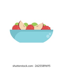 Blue bowl is overflowing with fresh fruit salad ingredients, including raspberries, apples, and grapes