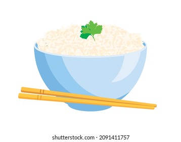 Blue bowl of rice and chopsticks icon vector. Asian staple food design element isolated on a white background. White cooked rice in a bowl vector