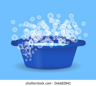 Blue Bowl With Water And Soap Suds, Laundry, Cleaning And Hygiene