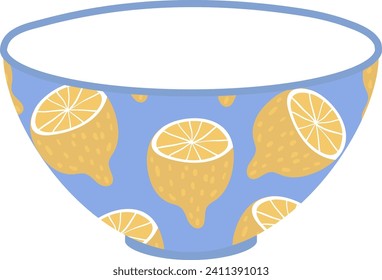 Blue bowl with yellow lemons pattern, half and whole lemons, fresh citrus design. Kitchenware, fruit motif, summer tableware vector illustration.