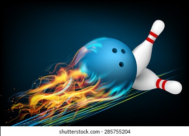 Blue Bowling Ball in Flames on a Dark Background. Vector illustration