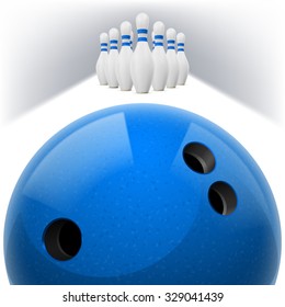 Blue Bowling ball with holes in front. White skittles with red stripes on a white background