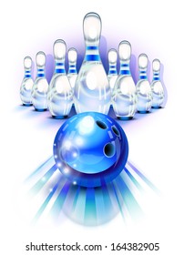 Blue bowling ball in motion in front of the pins