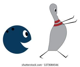 A blue bowling ball with its mouth open chasing a grey bowling pin with two red circle around its neck trying to run away vector color drawing or illustration 