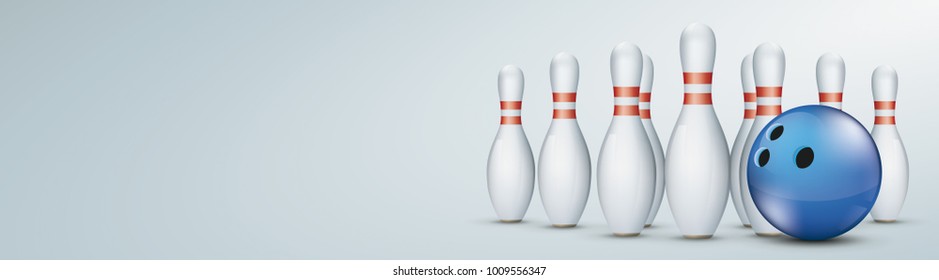 Blue bowling ball and pins the gray background. Eps 10 vector file.