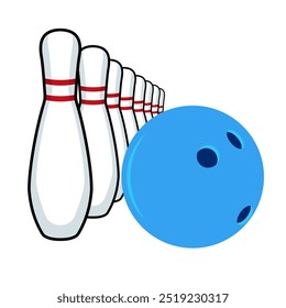 Blue bowling ball with white bowling pins in flat style