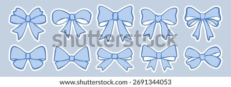 Blue bows sticker set. Hand drawn doodle ribbons, bows for gifts, present knots and wrap pack. Vector vintage illustration with white outline on a blue background.