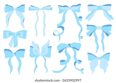 Blue bows vector illustration set. Cute coquette curved ribbon bows isolated on white background. Festive bowknots for baby shower, baby boy gender party, hairstyle, birthday clipart in flat style