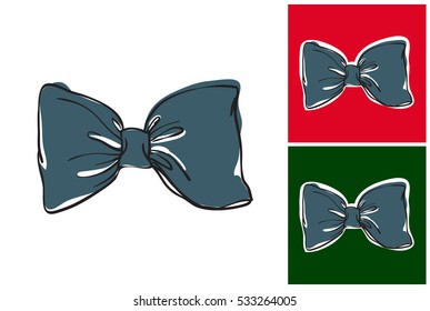 Blue bow-tie. Isolated vector art element on white, gray and dark green background in sketch style. Cute hand drawn Christmas, New Year, or other festive illustration.