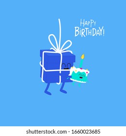 Blue box with cake. Happy Birthday card. Vector illustration. Use for the card, stickers, web design and print on t-shirt. Easy to edit.