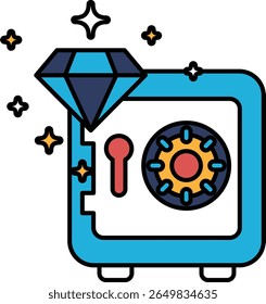 A blue box with a diamond on it and a red keyhole. The diamond is surrounded by stars