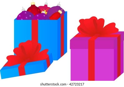 blue box with fir-tree balls and violet box with gift (vector illustration)