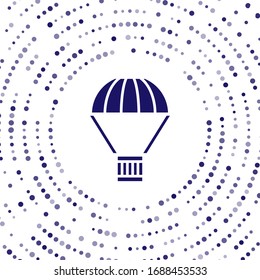 Blue Box flying on parachute icon isolated on white background. Parcel with parachute for shipping. Delivery service, air shipping. Abstract circle random dots. Vector Illustration