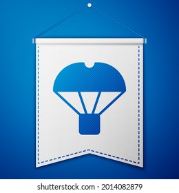Blue Box flying on parachute icon isolated on blue background. Parcel with parachute for shipping. Delivery service, air shipping. White pennant template. Vector