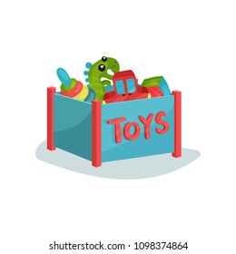 Blue box full of toys for toddlers or preschool children. Colorful pyramid, green dinosaur, cube and red car. Flat vector icon