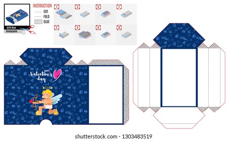 blue box jewelry box pattern with a funny cupid for cutting and gluing