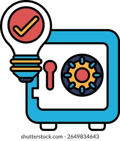A blue box with a light bulb on top and a red check mark. The light bulb is surrounded by a circle and the box is labeled "Security"