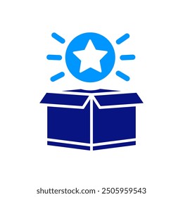 Blue box with a light blue star icon above, surrounded by blue lines indicating brightness or spotlight effect. Symbolizing a special product or innovation. Strong lines and clear shapes.