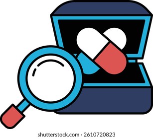 A blue box with a magnifying glass on it and a red pill inside. The pill is labeled with a heart symbol