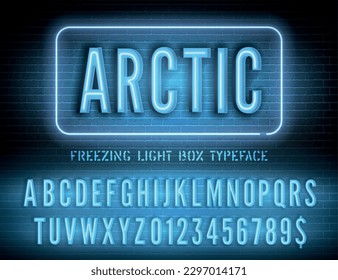 Blue box neon font with numbers on dark brick wall background. Vector arctic night light box sign