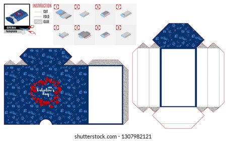 blue box pattern with hearts on a blue background to glue a gift
