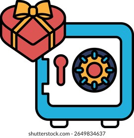 A blue box with a red bow on top of it. Inside the box is a heart