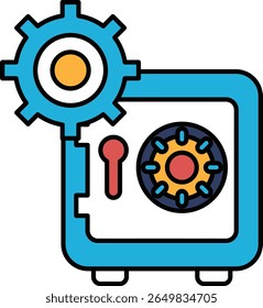 A blue box with a red knob and a blue gear is displayed. The blue box is a safe, and the red knob is used to open it. The blue gear is a symbol of security and protection