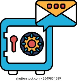 A blue box with a red lock and a keyhole. The box is labeled "Envelope" and has a red and blue design