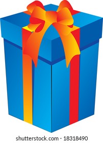 blue box with red ribbon isolated on white.