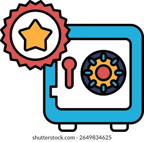 A blue box with a red star on it. The box is labeled "Safe" and has a keyhole