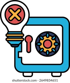 A blue box with a red X on it. The box is labeled "Security" and has a light bulb on top of it. The light bulb is surrounded by a red and yellow circle. Concept of security and protection
