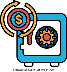 A blue box with a red and yellow dollar sign on it. The dollar sign is surrounded by a circle and a red arrow