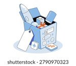 Blue box with rocket and gift vector illustration. Startup launch, product subscription, ecommerce, business growth, special offers, retail sales. Package holding spaceship and present